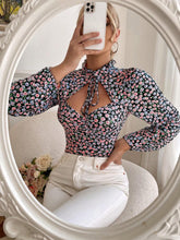 Autumn Casual Ditsy Floral Hollow Out Lantern Sleeve Bodysuit